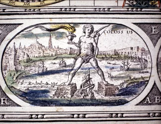 Repræsentation af antikkens syv vidundere: Kolossen på Rhodos. i Atlas of Jansson Jannsonius trykt i Amsterdam i 1630. Privat samling.