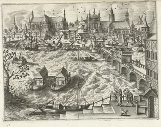 Bybillede med bro og havn Landskaber, havlandskaber og fantasifulde bylandskaber (serietitel)