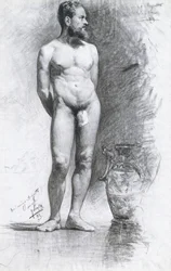 Akademisk mandlig nøgenfigur med græsk urne, 1883