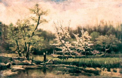 "" Forårslandskab "" Maleri af Joaquim Vareyda i Vila (1843-1894). Omkring 1880. Barcelona. Cataloniens nationalmuseum for kunst.