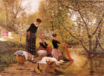 "The Washerwomen" maleri af Joaquim Vayreda i Vila (1843-1894). 1883