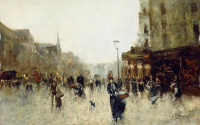 En parisisk gadescene (olie på panel)