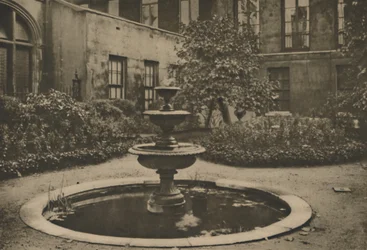Gammelt morbærtræ og springvand i Garden of Drapers Hall, c1935.