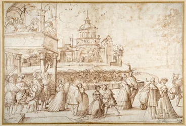 Society Scene (pen og blæk med vask på papir)