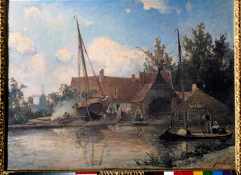 Hollandsk landskab med en stor båd tætningsmaleri af Jean Barthold Jongkind (1819-1891) 1857 søn. 0,42x0,56 m