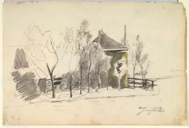 Høvogn i en gård (recto); Udsigt over en gård (verso)
