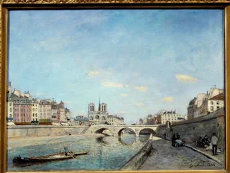Udsigt over bredden af Seinen og katedralen Notre Dame de Paris En peniche ved floden. Maleri af Johan Barthold Jongkind (1819-1891) 1864 søn. 0,42x0,56 m Paris, musee d