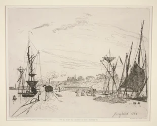 Udsigt fra havnen til jernbanen? Honfleur (Udsigt over havnen fra jernbanen i Honfleur)