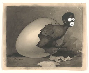 Udkast til illustration i De Amsterdammer: En sort mand kryber ud af et æg (19. april 1930)