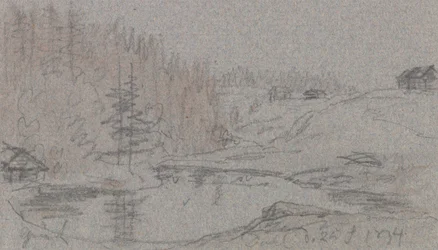 Landskab med flod, hus og skov