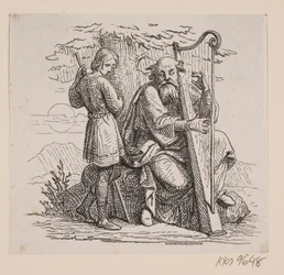 En gammel harpespiller og en dreng under et træ