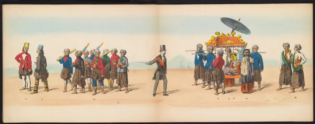 Masquerade of the Delft Students, 1857 (plade 5) Udklædt procession afholdt af medlemmerne af Delfts studenterkorps den 5. maj 1857, forestillende Garebeg procession af sultanen af ​​Djokjokarta og de mest karakteristiske typer fra Holland.