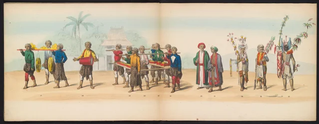 Masquerade of the Delft Students, 1857 (plade 7) Udklædt procession afholdt af medlemmerne af Delfts studenterkorps den 5. maj 1857, forestillende Garebeg procession af sultanen af ​​Djokjokarta og de mest karakteristiske typer fra Holland.