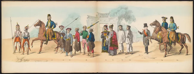 Masquerade of the Delft Students, 1857 (plade 8) Udklædt procession afholdt af medlemmerne af Delfts studenterkorps den 5. maj 1857, forestillende Garebeg procession af sultanen af ​​Djokjokarta og de mest karakteristiske typer fra Holland.