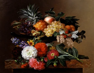 Dahlia, lupin og coreopsis i en græsk kylix. Maleri af Johan Laurentz Jensen (1800-1856) Privat samling.