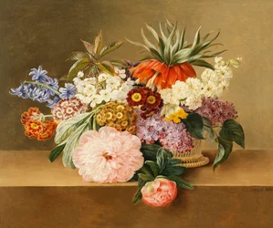 Iris, Syren, Primulae, Blomster og Pæoner i en Kurv,