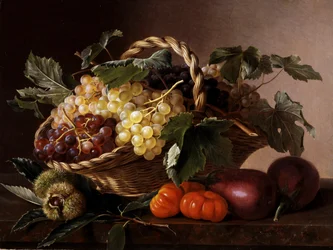 Stilleben med auberginer, tomater, kastanjer og vindruer. Maleri af Johan Laurentz Jensen (1800-1856) Privat samling.