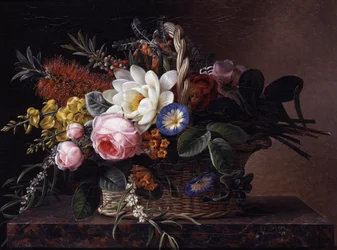 Stilleben med callistemoner, liljer, gyvel, roser og konval. Maleri af Johan Laurentz Jensen (1800-1856) Privat samling.