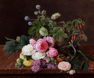 Mosroser, pæoner og dobbelte tremieroser med lilla kommeliner. Maleri af Johan Laurentz Jensen (1800-1856) Privat samling.