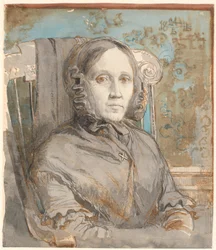Portræt af kunstnerens moder, oberstinde Cathrine Lundbye (f. Bonnevie); halvfigur siddende i stol mod højre.