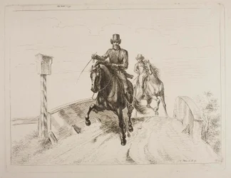 To ryttere i galop på en bro