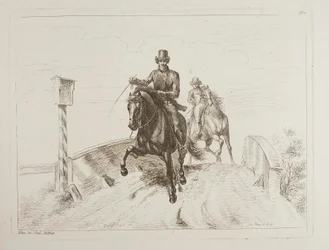 To ryttere i galop på en bro
