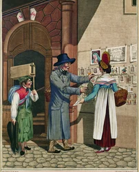 En sælger af populære ballader og tryk, en skomagerlærling, fra en serie wienertyper omkring 1810 ...