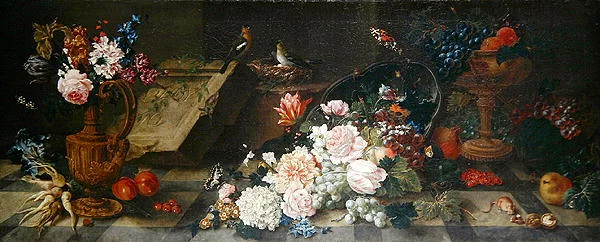 Stilleben med blomster og frugt, ca. 1785-87 (olie på lærred)