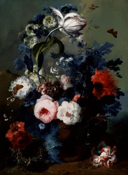Stilleben med roser, valmuer og iris. Maleri af Johann Baptist Drechsler (1756-1811) Privat samling.