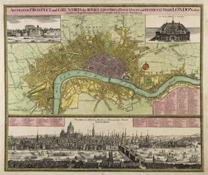 Kort og udsigt over London, ca. 1710 (håndfarvet gravering)