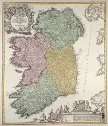 Kort over Irland, der viser provinserne Ulster, Munster, Connaught og Leinster, af Johann B. Homann, ca. 1730 (håndfarvet gravering)
