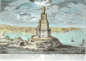 Fyrtårn i Alexandria, bygget af Ptolemæus den Store (36-efter 30 f.Kr.), Egypten, fra Entwurf einer historischen Architektur, indgraveret af Johann Adam Delsenbach (1687-1765) 1721 (senere farve