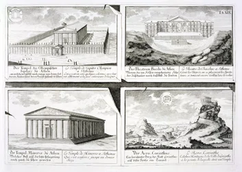 Udsigt over fire klassiske bygninger: Zeus-templet, Dionysos-teatret i Athen, Athene-templet i Athen og et tempel i Korinth, fra Entwurf einer historischen Architektur,