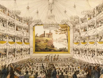 Østrig, Wien, Interiør af Theater an der Wien (Wien Theater), akvareltryk af J.C. Schoeller