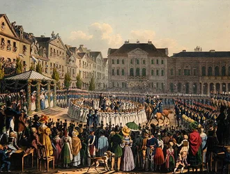 Flagindvielsesceremoni af Kassel Citizen Guard i 1831 (farve litho)