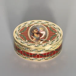 Snusdåse, Dresden, ca. 1775-80, miniaturen Genève, ca. 1800 (saksisk hårdsten, guld og emalje)