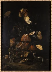 Blomster med sommerfugle og firben (olie på egetræ)