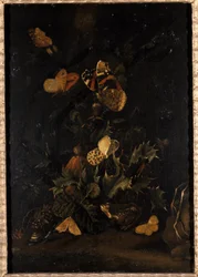 Blomster med sommerfugle og tudse (olie på egetræ)