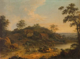 Bakket landskab med bondehuse