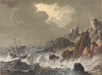 Stormkastede skibe forliste på en klippekyst.