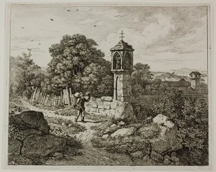 Farmer Greeting a Roadside Shrine of the Madonna, tallerken 1 fra The Two Large Landscapes with the Prayer Pillars