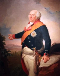Portræt af kong Frederik Vilhelm II af Preussen (1744-1797) med en stjerne fra den preussiske orden Den Sorte Ørn, hans venstre hånd hviler på et kort over Frankfurt, et landskab med den preussiske hær i lejr uden for Frankfurt