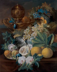 Stilleben med frugter og blomster