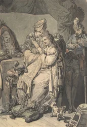 En kvinde ved sit toilet med en tjenestepige, en dreng, en hund og en ung soldat, verso: En skitse..., 1770.
