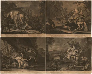 Ca. 1770 allegoriske mezzotinter af Afrika, Asien, Amerika og Europa på én side