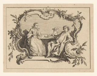 Kvinde og mand ryger pibe ved bordet i en cartouche Rygere på rokoko ornament (serietitel)