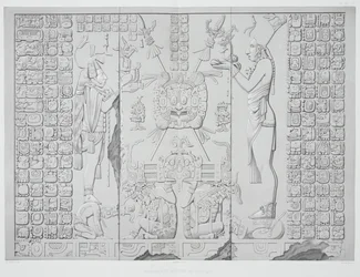 Relief forestillende en præst med offergaver fra Soltemplets helligdom, Palenque, plader 29 og 30 fra Mexicos gamle monumenter, indgraveret af Werner, 1866