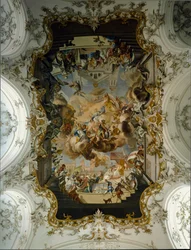 Barokkunst: "Jomfruen omgivet af hellige"" Fresko af hvælvingen af Johann Georg Bergmuller (1688-1792) 1736 Augustinernes klosterkirke. 1732-1739 Diessen am Ammersee, Tyskland