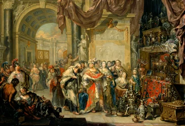Krøsus (596-546 f.Kr.) viser sine skatte til Solon (640-558 f.Kr.) - Krøsus og Solon - af Johann Georg Platzer (1704-1761) - Statens Kunstgalleri, Dresden