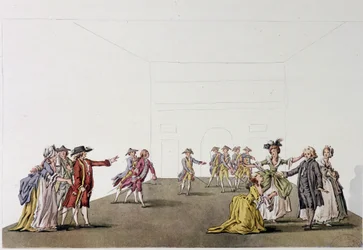 Sidste scene af "Père de famille" af Denis Diderot - fac simile - gravering efter en tegning af Ziesenis, Coutellier, i "Histoire generale illustrée du theatre""